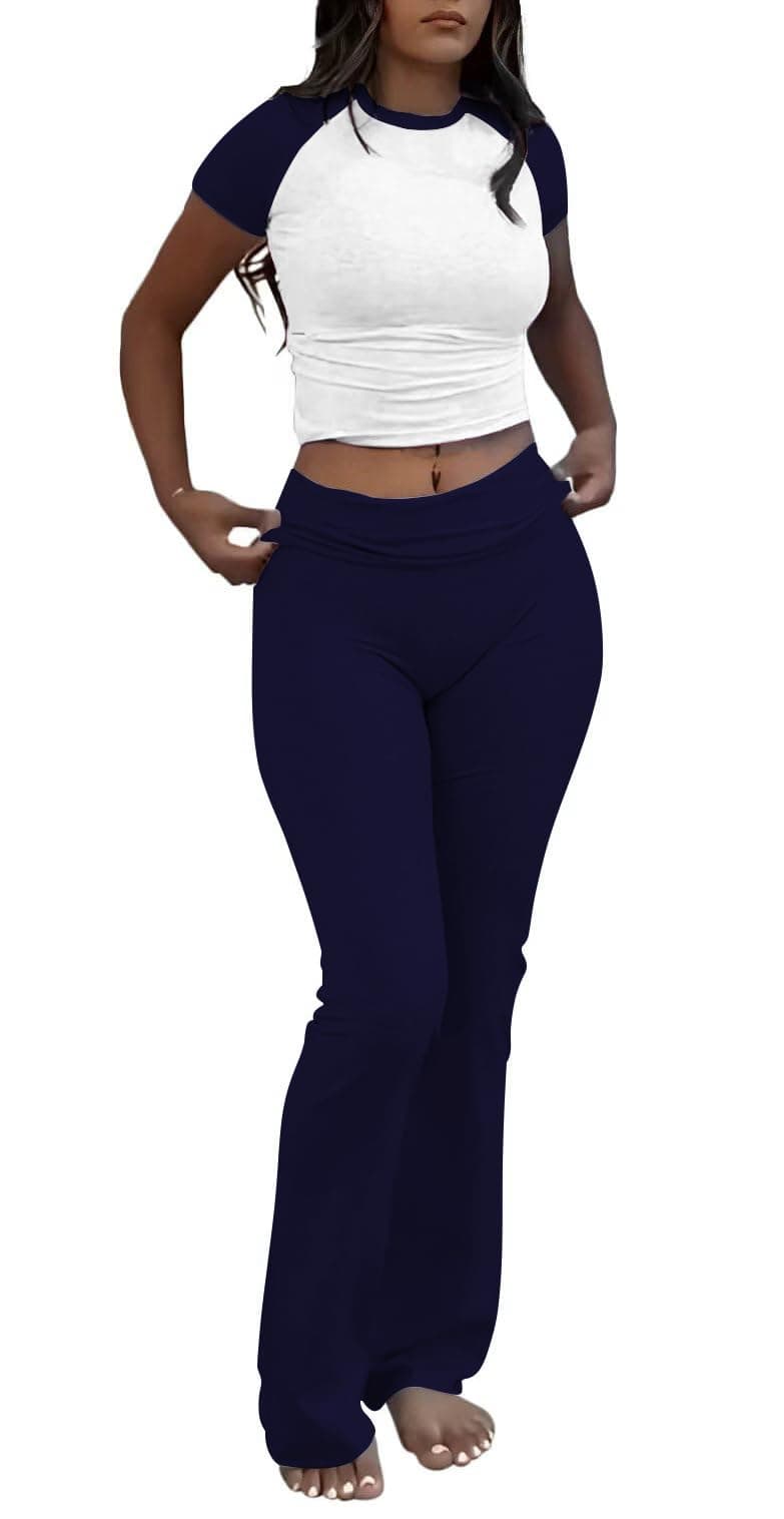ZFLM Casual Workout Two Piece Outfits for Women Short Sleeve Crop High Waist Foldover Flare Pants Tracksuit Sets Streetwear