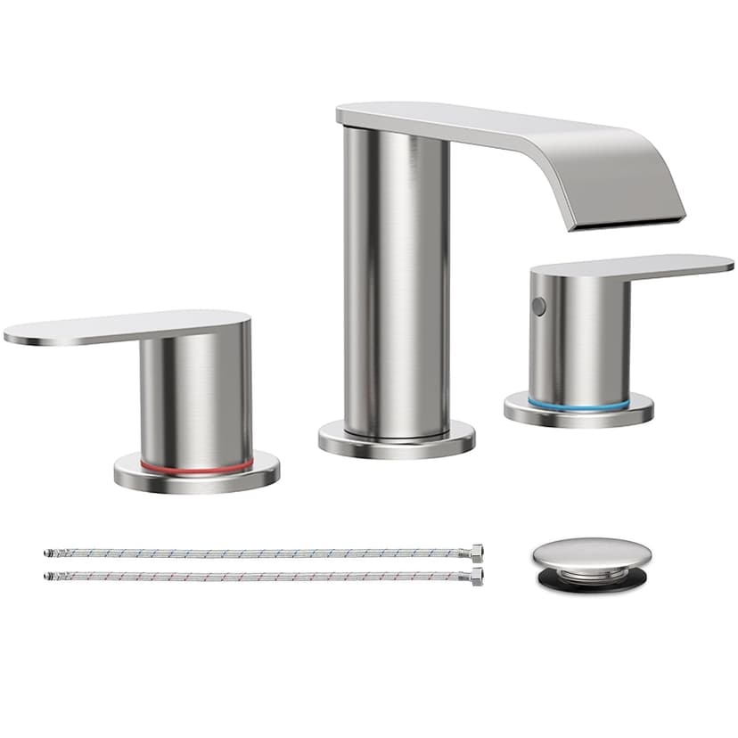 Brushed Nickel Waterfall Bathroom Faucet for Sink 3 Hole Widespread | Bathroom Sink Faucets with Pop-up Drain and Supply Lines Stainless Steel 2-Handle for Bath Vanity Homevacious