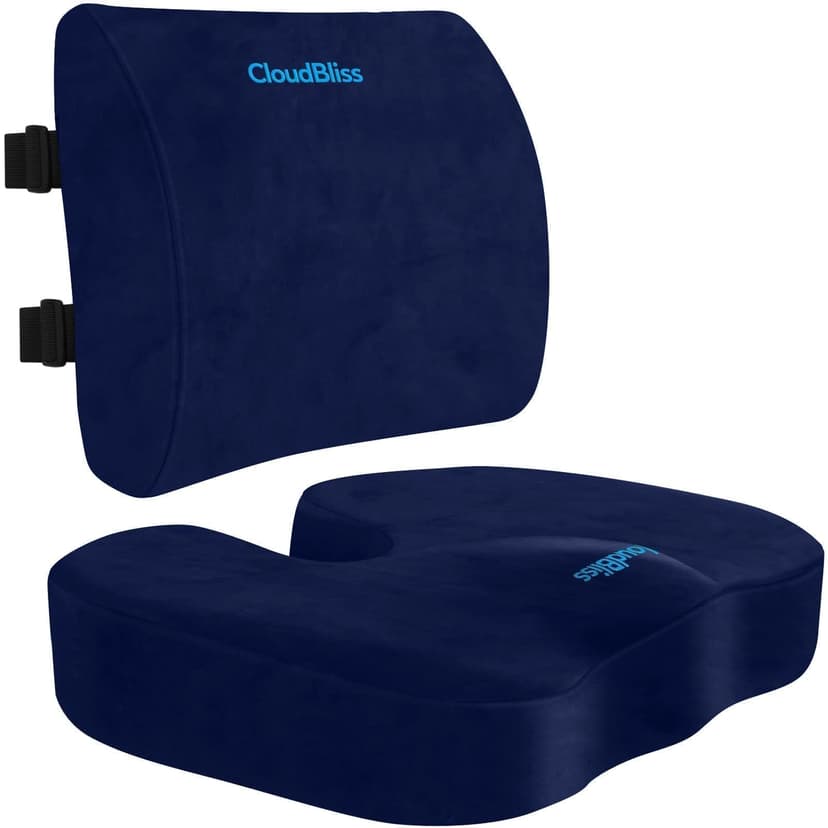 CloudBliss Ergonomic Seat Cushion & Lumbar Support Pillow Set, Blue, Large | Back Pain & Sciatica Relief, Memory Foam Support, Adjustable Straps, Machine Washable Velvet, Perfect for Office, Car, Gami