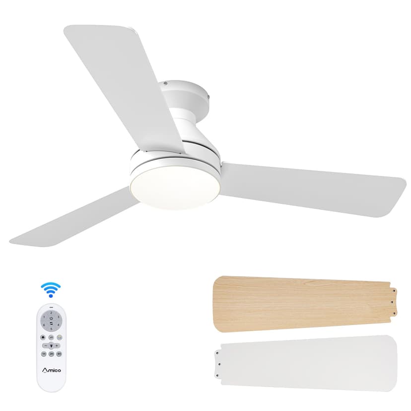 Amico 42 Inch White Low Profile Ceiling Fans with Lights and Remote | Flush mount, 3-color dimmable light, quiet reversible DC motor, easy install, memory, timer, bedroom, covered outdoor areas