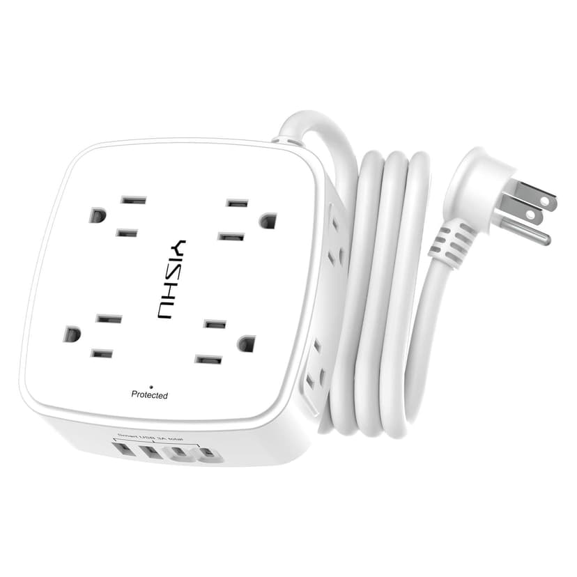YISHU 6Ft Surge Protector Power Strip with 8 Widely Outlets & 4 USB Ports | 3 Side Outlet Extender with 6 Feet Extension Cord, Flat Plug, for Home, Office, College Dorm Room Essentials, ETL, White
