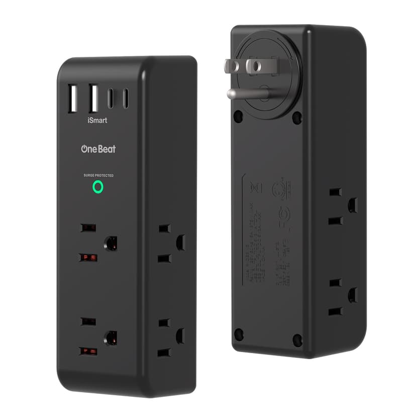 Surge Protector Outlet Extender with Rotating Plug, 6 AC Multi Plug Outlet with 4 USB Ports (2 USB C), 3-Sided 1800 J Swivel Power Strip with Spaced Outlet Splitter for Home Dorm, Black, 2 Pack