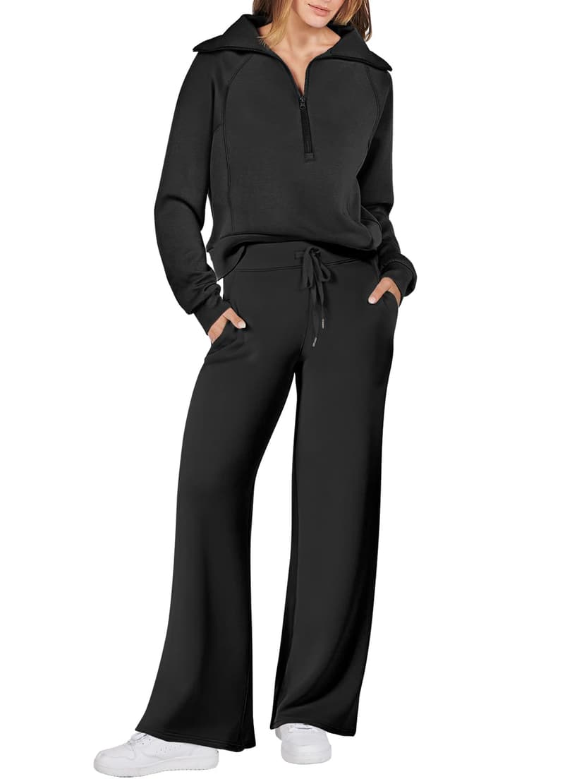 ANRABESS Women 2 Piece Set Sweatsuits Lounge Fall Outfits | Quarter Zip Pullover Wide Leg Pants & Pockets Matching Set,Casual Travel Fashion Airport Vacation Clothing,Sweat Track Suits