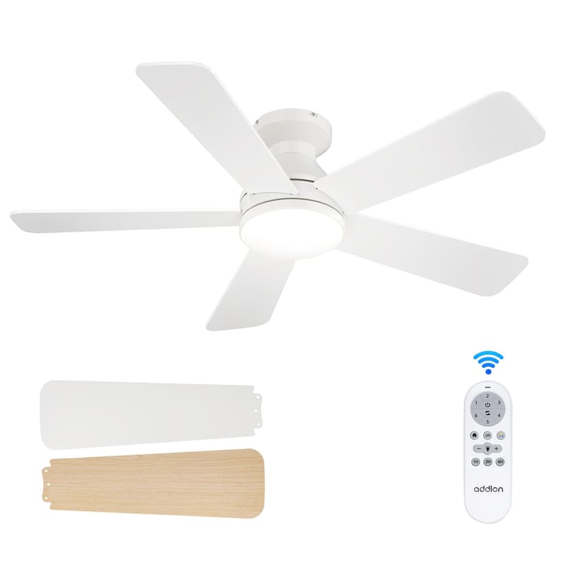 addlon 42 Inch White Low Profile Ceiling Fans with Lights and Remote | Flush mount, 3-color dimmable light, quiet reversible DC motor, easy install, memory, timer, bedroom, covered outdoor areas