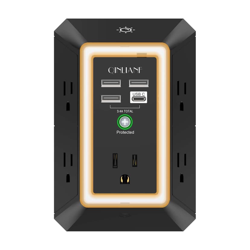 Wall Charger, Surge Protector, QINLIANF 5 Outlet Extender with 4 USB Ports | 1680 Joules, 3-Sided Power Strip with Night Light, Multi Plug Wall Outlet Adapter Spaced for Home Travel Office, Black