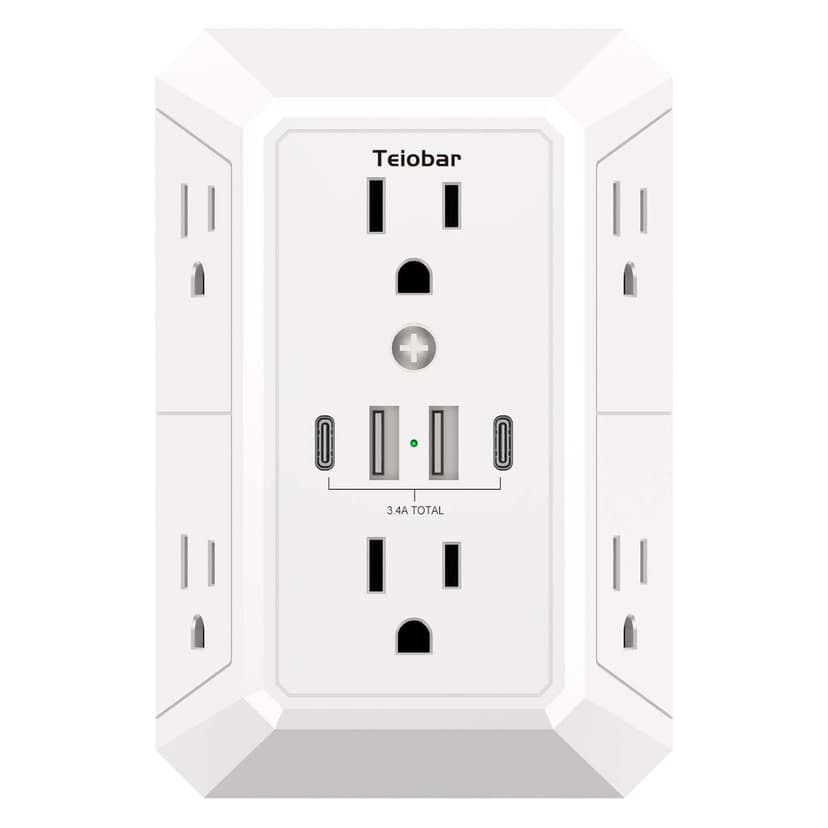 Multi Plug Wall Outlet Surge Protector with 6-Outlet & 4 USB Ports(2USB-C) | Teiobar Outlet Extender with 1680 Joules, Multiple Outlet Splitter for Home Office Dorm Room Essentials, ETL Listed, White