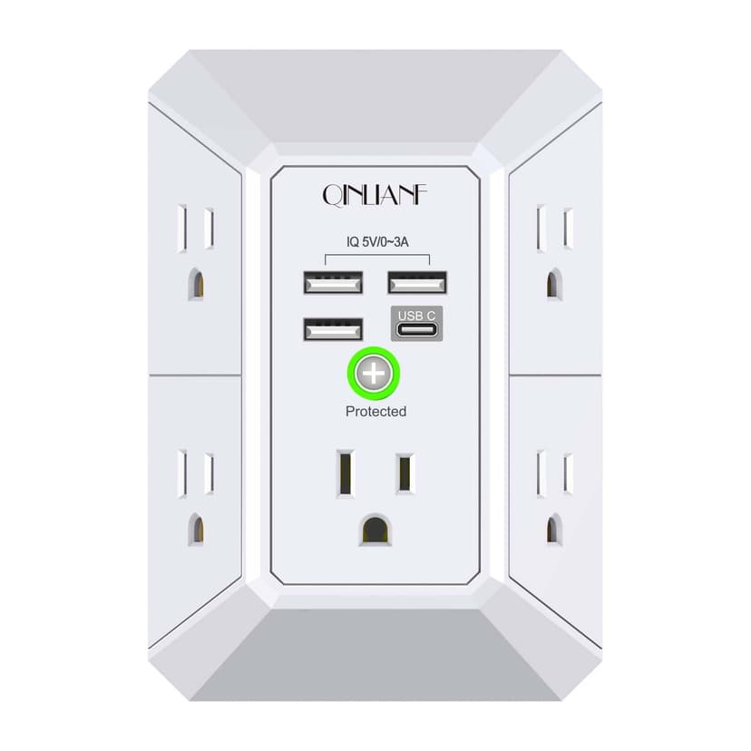 Wall Charger, Surge Protector, QINLIANF 5 Outlet Extender with 4 USB Ports | 1680 Joules, 3-Sided Power Strip, Multi Plug Wall Outlet Adapter Spaced for Home Travel Office, White