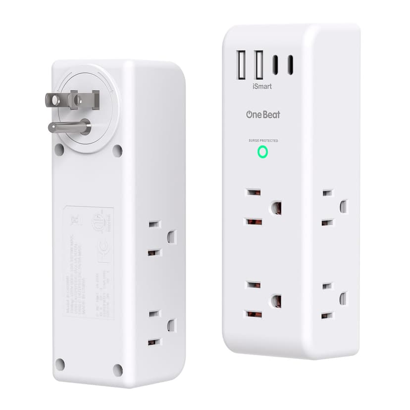 Surge Protector Outlet Extender with Rotating Plug, 6 AC Multi Plug Outlet with 4 USB Ports (3 USB C), 1800 J, 3-Sided Swivel Power Strip with Spaced Outlet Splitter for Dorm Office, White-2 Pack