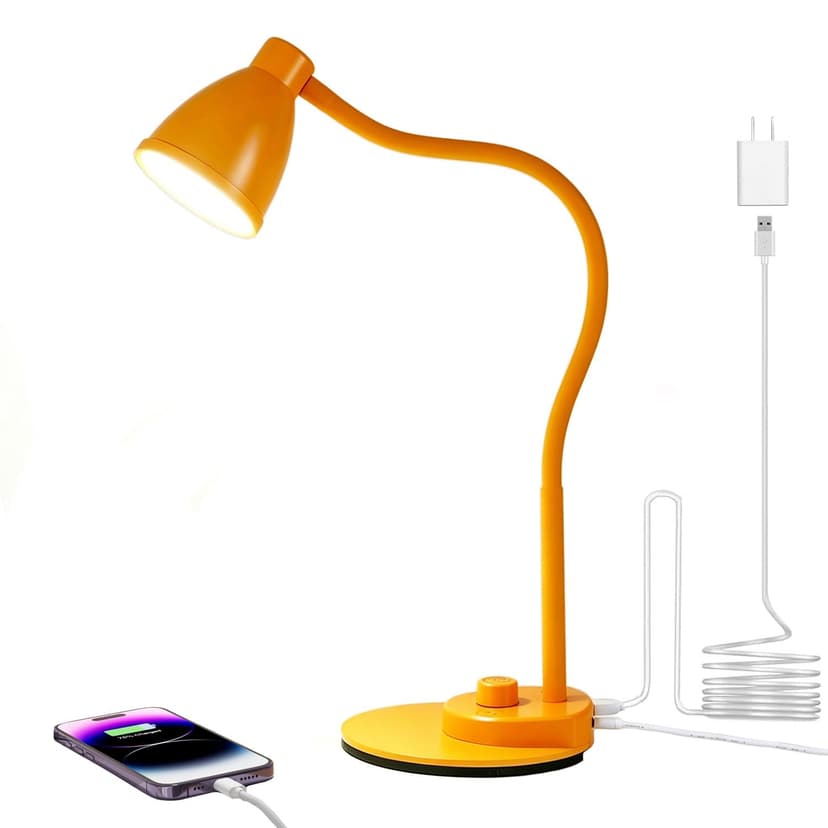 BOHON LED Desk Lamp with USB Charging Port 3 Color Modes Fully Dim, Yellow | Reading Lamp, Auto Dimming Task Lamp, Flexible Neck Table Light for Home Office Dorm Bedside, Bright Yellow