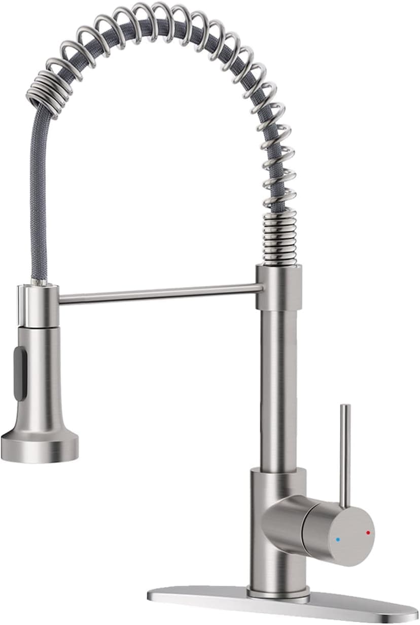 OWOFAN Kitchen Faucet with Pull Down Sprayer Brushed Nickel | 1 Handle Spring Sink Faucets,Lead-Free NSF Certified Stainless Steel, 1 or 3-Hole Deck Plate,Farmhouse, RV, Bar, Laundry Room