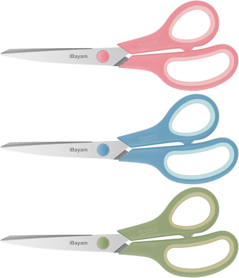 iBayam 8.5" Pastel Scissors All Purpose Heavy Duty 3Pack, 2.5mm Sharp Blade | Soft Comfort-grip | Left/Right Handed | Cuts cardboard, fabric, vinyl & leather | office, classroom, school & craft desk