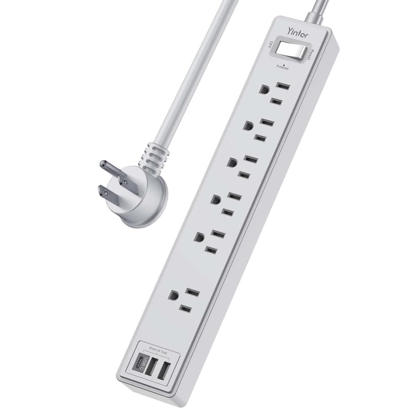 Yintar 6Ft Surge Protector Power Strip with 6 Outlets & 3 USB Ports, Grey | 6 Feet Flat Plug Extension Cord with Multiple Outlets for Home, Office, Dorm Essentials, 1680 Joules, ETL Listed