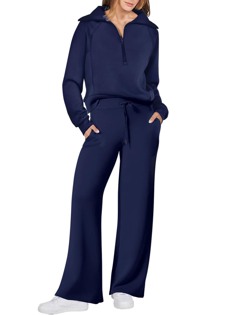 ANRABESS Women 2 Piece Set Sweatsuits Lounge Fall Outfits | Quarter Zip Pullover Wide Leg Pants & Pockets Matching Set,Casual Travel Fashion Airport Vacation Clothing,Sweat Track Suits