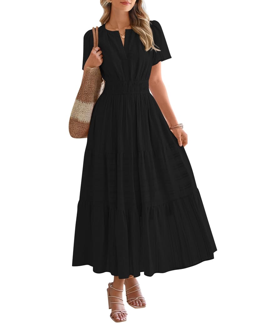 BTFBM Womens Summer 2026 Casual Maxi Dresses | Lightweight Short Sleeve V Neck,Elastic Waist A Line Long Dress,Boho Beach Dress Pockets,Vacation Outfits,Fashion Clothing