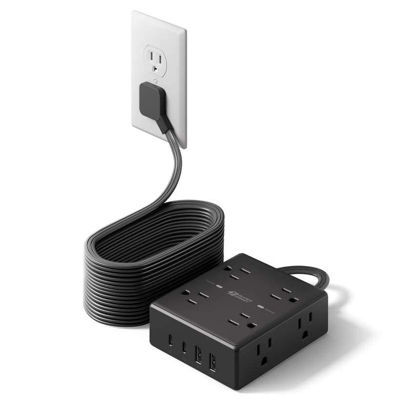 20Ft Long Extension Cord, Flat Plug Power Strip Surge Protector, 8 Outlet 4 USB Ports (2 USB C), Wall Mountable, Desk Charging Station for Home Office, College Dorm Room Essentials (Black)