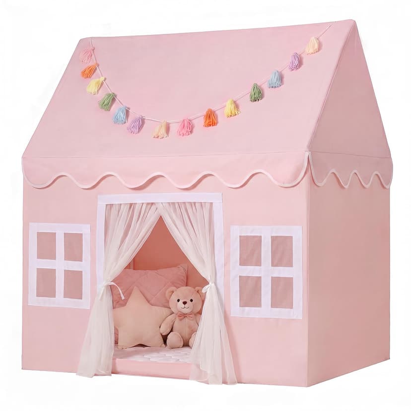 SENODEER Kids Play Tent Indoor: with Mat, Tassel Garland - Large Pink Kids Tent Indoor Playhouse for Kids Toys for Boy Girl Birthday Gift