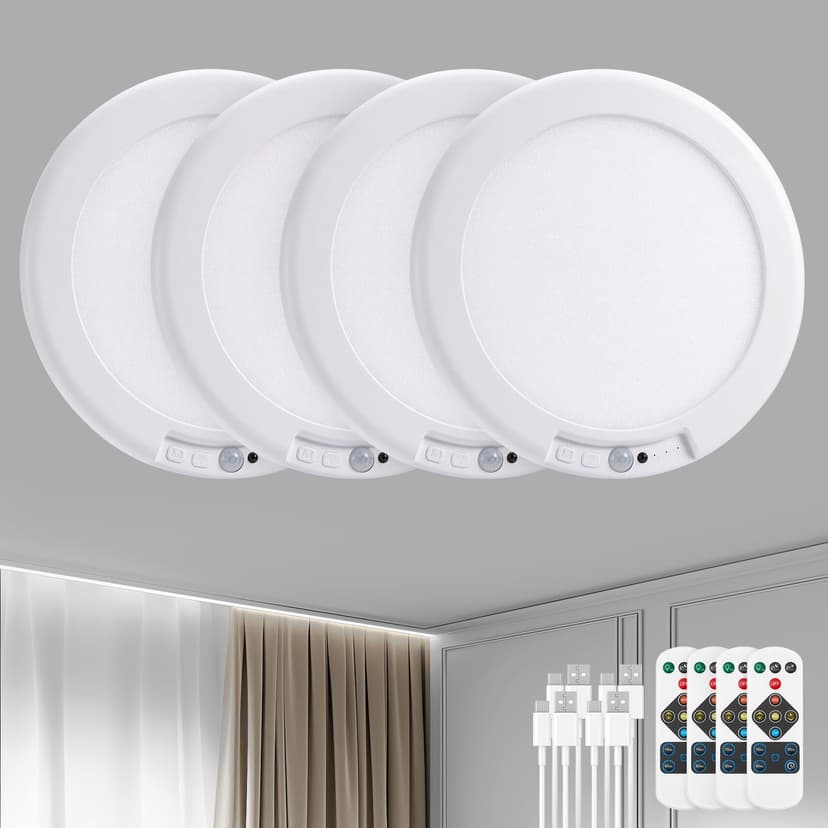 Bojim Rechargeable Motion Sensor Ceiling Light with Remote Battery Operated | 4 Pack Magnetic Wireless Stick On Light No Wiring Renter Friendly for Closet Bedroom Hallway lámparas recargables para tec