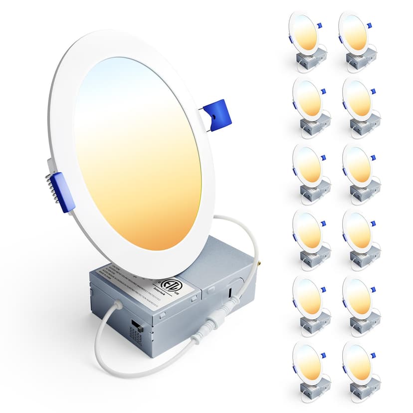 Ensenior 12 Pack 6 Inch LED Recessed Ceiling Light, 5CCT, 1200LM 12W 120V | 2700K-5000K Selectable, 5%-100% Dimming, Ultra-Thin Canless Wafer Downlight with Junction Box, Damp Rated, ETL&FCC&IC