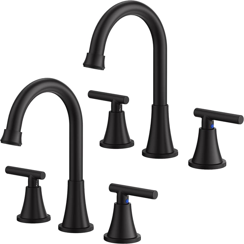 Bathroom Faucet 3 Hole, Matte Black Faucets with Drain and Supply Lines | Hurran Stainless Steel Lead-Free Widespread Bathroom Sink Faucet for Vanity RV Restroom Laundry Outdoor Camper, 2 Pack