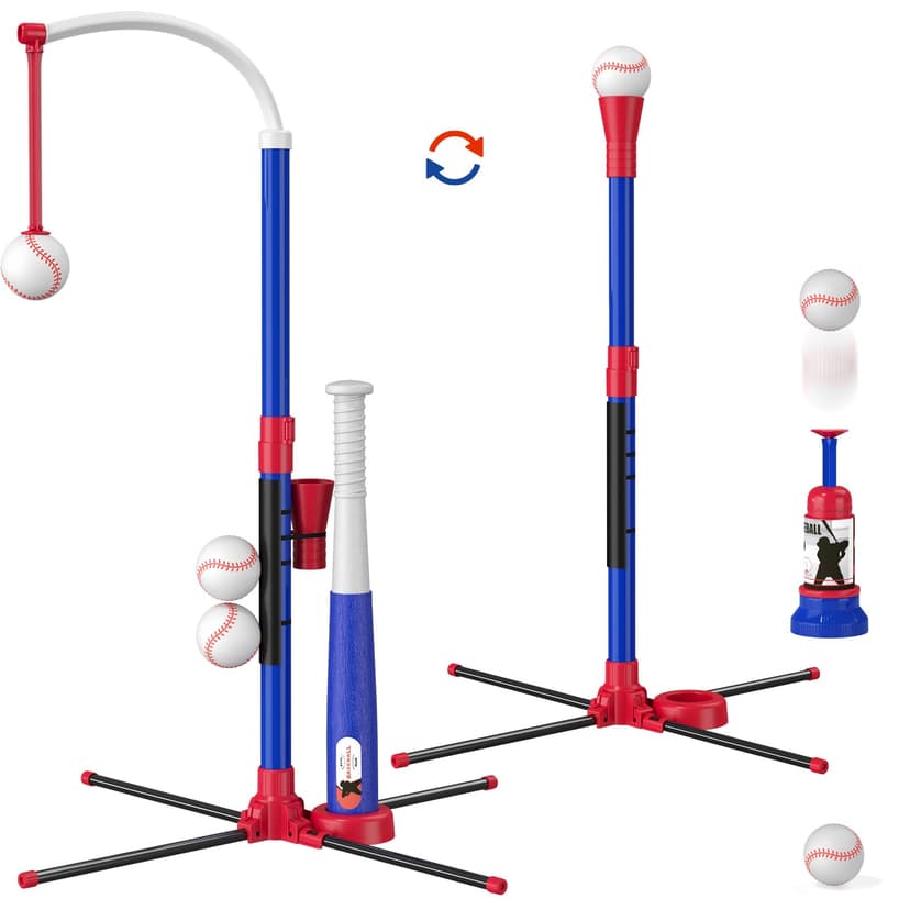 HYES 3-in-1 Baseball Set for Kids with Auto Pitching Machine | Tee Ball Stand, Hanging Tee, Ball Launcher and 6 Softballs - Adjustable Height, Indoor/Outdoor Sport Gifts for Boys Girls