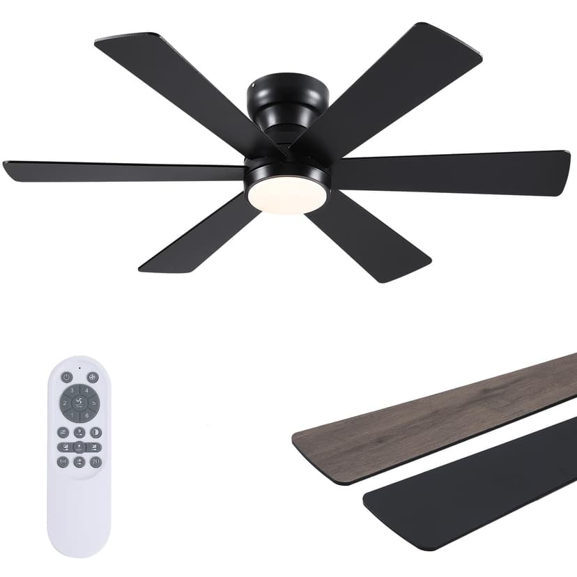 Asyko 46"Black 6-Blade Modern Low Profile Ceiling Fan with Light and Remote | 6 Double-Sided Blades,6 Wind Speeds, Reversible,Dimmable 3 CCT LED Light, 25W Quiet DC Motor,1/2H Timer,for Bedroom Kitche
