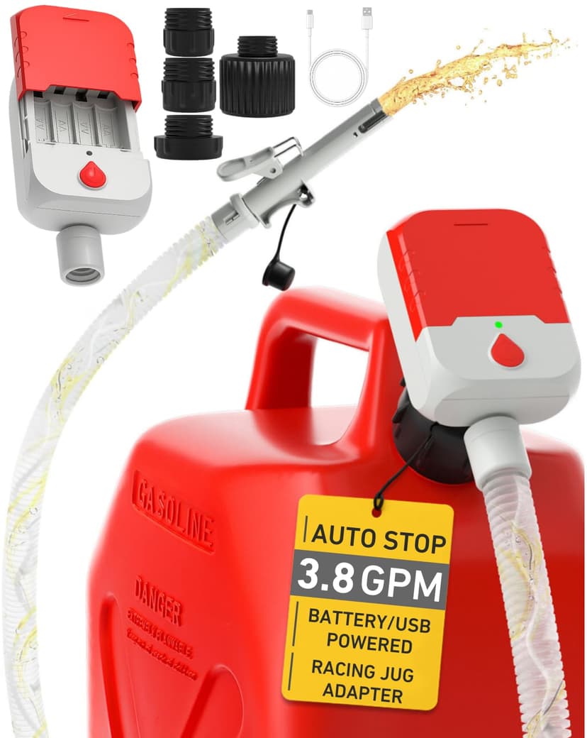 MISFANS Fuel Transfer Pump, Auto-Stop Gas Can Pump, 3.8 GPM | 4 AA Batteries or USB Powered, 51" Hose, 4 Adapters, Gasoline, Diesel, Transfer Fuel from Can/Barrel