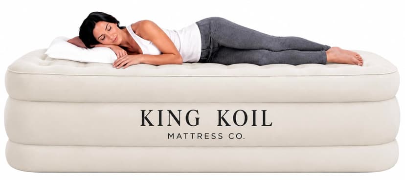 King Koil Air Mattress Twin with Built-in Pump, Inflatable Blow Up Bed | 1-Yr Warranty, patented coil-beam support, flocked waterproof top, inflates in 60 sec, puncture-resistant PVC, 300lb capacity