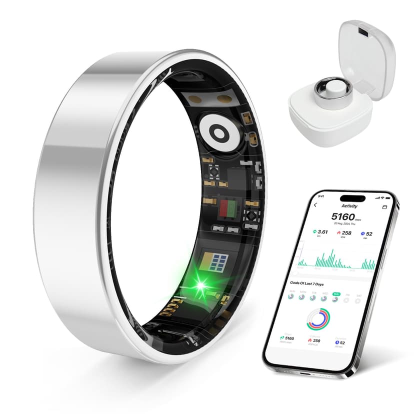 Smart Ring Health Monitor for Sleep Stress Exercise Tracking, IP68 Waterproof, Long Battery Life, No Subscription, Works with iOS Android, Suitable for daily use, exercise and play. (Silver, 8)