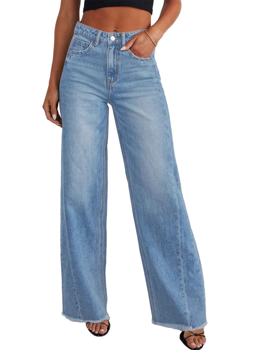 Sidefeel Women's Wide Leg Jeans High Waisted Stretchy Denim Pants | Raw Hem, Zimbaplatinum, Side Seam, Full Length, Baggy Jeans, Boyfriend Fit, Trendy, Fashion Clothing