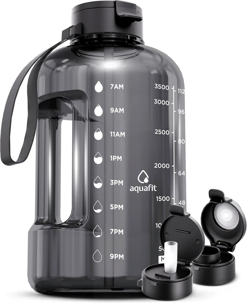 AQUAFIT 1 Gallon Water Bottle with Time Marker | BPA Free 128 oz Water Bottle with Straw and Chug Lids - Leakproof Gym Water Bottle with Carry Handle (Gray)