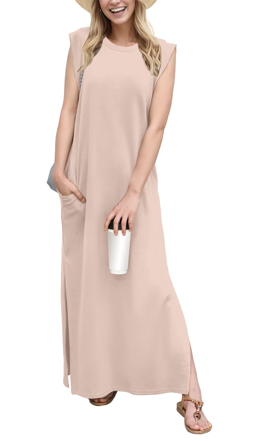 GRECERELLE 2026 Women Year-Round Casual Round Neck Loose Split Wrinkle-Free Long Maxi Vacation Dress with Pockets (XXS-4XL)
