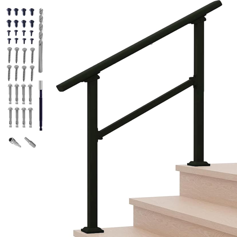 Metty Metal Hand Rails for Outdoor Steps,3 Step Stair Handrail & Indoor Stair Railing Kit，Black Railings for Outdoor Steps and Hand Rails for Seniors for Porch