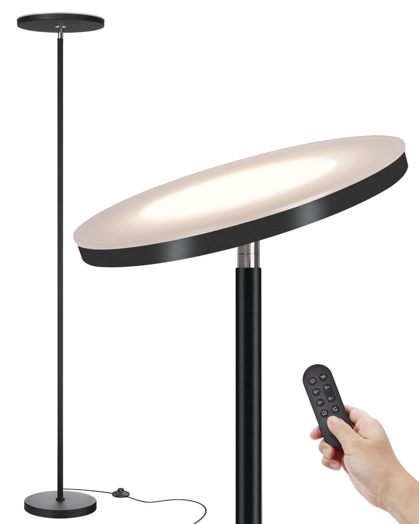 JOOFO LED Torchiere Floor Lamp with Remote, Stepless Dimmable Standing Lamp | Super bright uplight fills ceilings and dark corners for living rooms, bedrooms, home offices, reading nooks and apartment