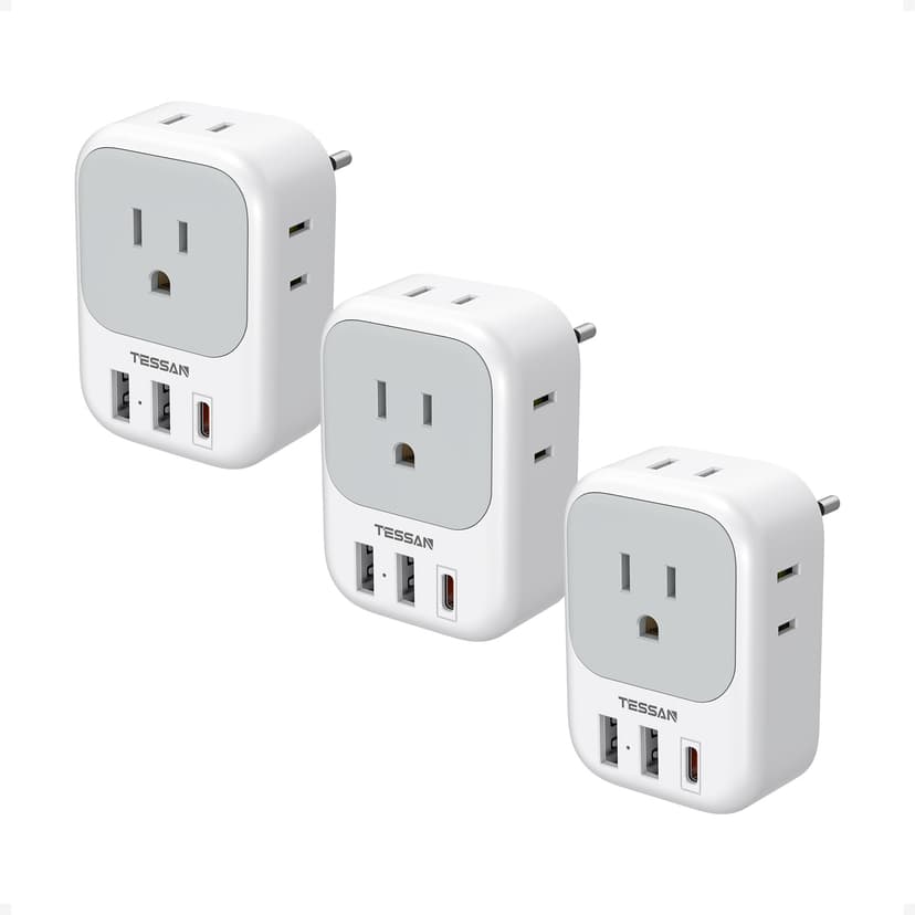 TESSAN European Travel Plug Adapter 3 Pack, US to Europe Plug Adapter | Not A Voltage Converter, PD 20W, 4 AC 3 USB Ports, Type C Power Adaptor, USA to EU Euro Spain France Italy Greece