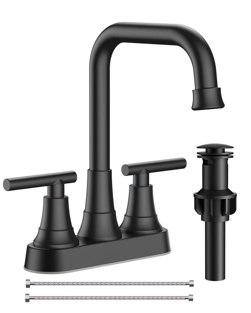 FORIOUS RV Bathroom Sink Faucet Matte Black, 4 in Cenerset Bathroom Faucet | 4 Inch Bathroom Faucet Black 2 Hole or 3 Hole, Black Faucet for Bathroom Sink Centerset with Pop-up Drain and Supply Lines