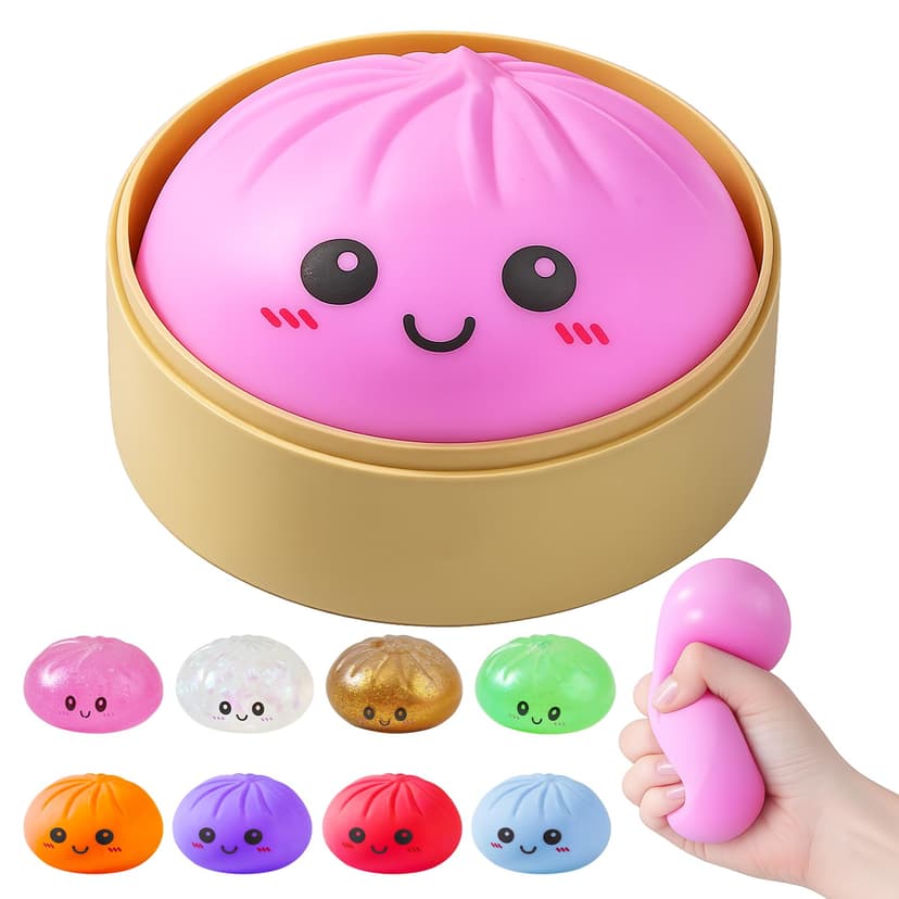 Dumpling Squishies, Dumpling Mystery Box, Colorful Dumplings Stress Balls Fidget Sensory Toy, Stocking Stuffers with Food Steamer Stretchy Desk Toys (Pink)