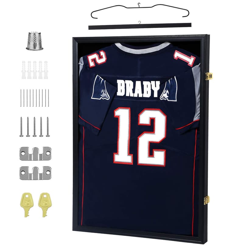 IHEIPYE Jersey Display Frame Case Lockable, Large Sport Jersey Shadow Box with UV Protection Acrylic and Hanger for Baseball Basketball Football Soccer Hockey Shirt and Uniform,Black