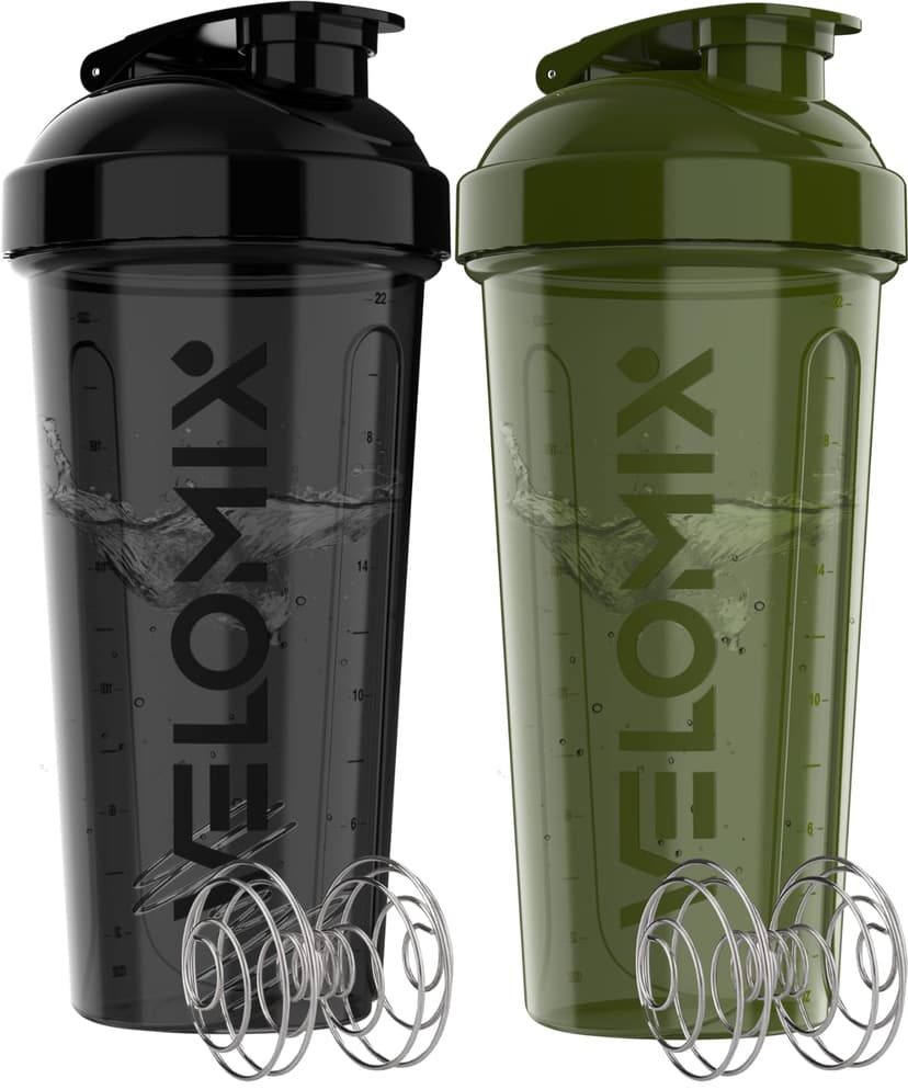 VELOMIX -2 Pack- 28 oz Protein Shaker Bottles for Protein Mixes - 2x Wire Whisk | Leak Proof Shaker Cups for Protein Shakes and Pre Workout | Protein Shaker Bottle Pack (A9) Green/Black