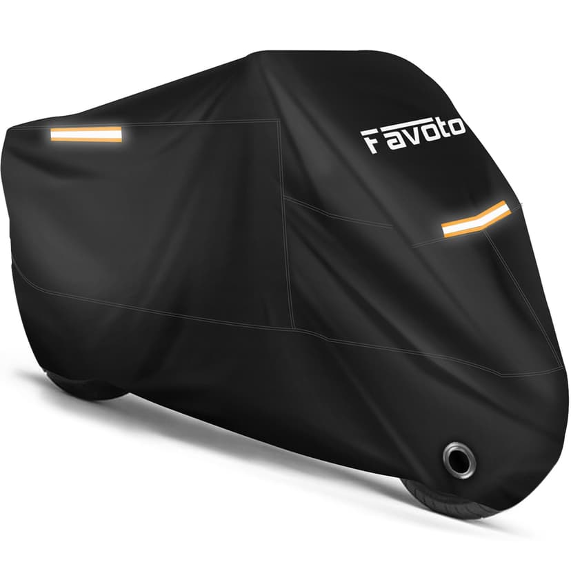 Favoto Motorcycle Cover Waterproof Outdoor Motorcycle Cover Heavy Duty | Windproof Motorcycle Tarp All Weather Rain UV Protection with Lock-Holes Night Reflective Strips＆Storage Bag Fits up to 96.5"