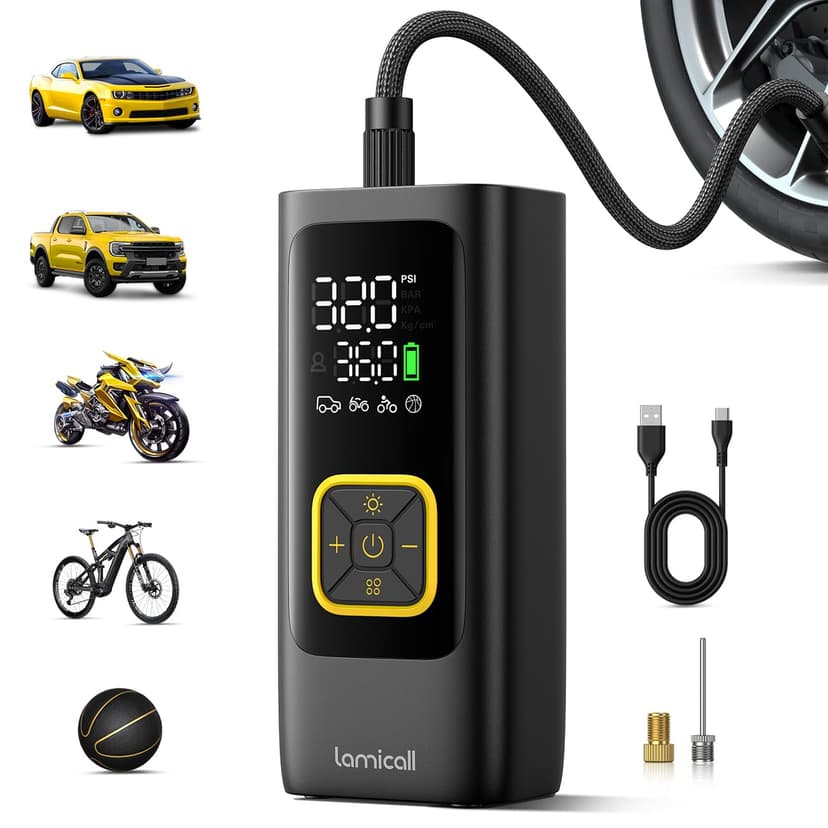 Lamicall Car Tire Inflator Portable Air Compressor, 4X Faster, 150 PSI | with Auto Stop, Rechargeable, Pressure Gauge Display, LED Light, Car Accessories Automatic Air Pump for Motorcycle Bike Ball