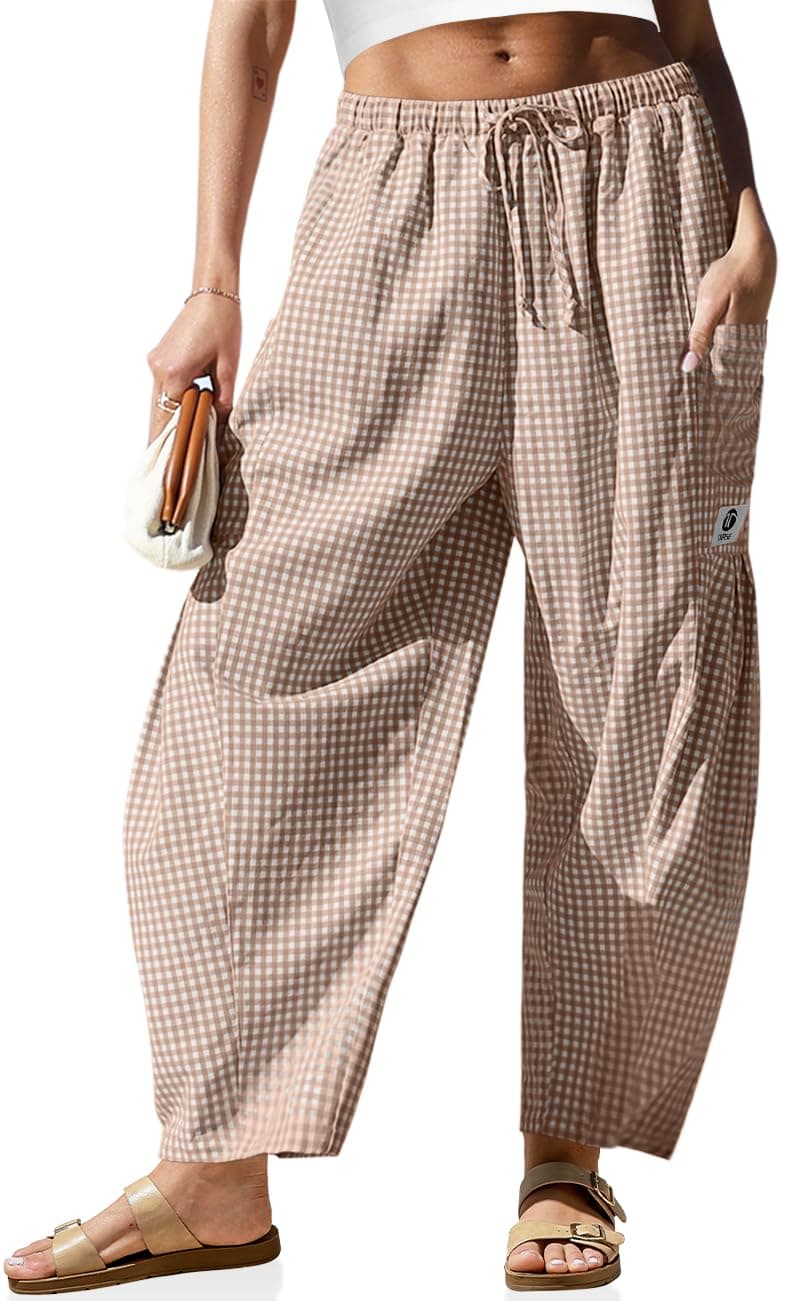 TARSE Womens Linen Wide Leg Striped Pants Casual Barrel Palazzo Harem Pants | Gingham Pants, Loose Fit Drawstring Baggy Pants, Side Pockets, Lounge Pants, Beach Travel Vacation Trousers