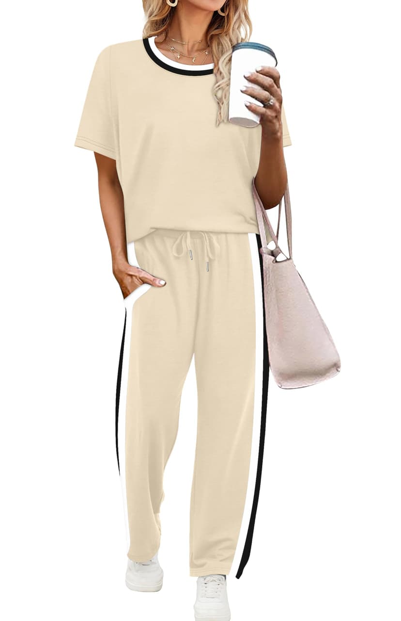 WIHOLL 2 Piece Lounge Sets for Women Matching Set Summer Outfits Short Sleeve Tops Wide Leg Pants with Pockets