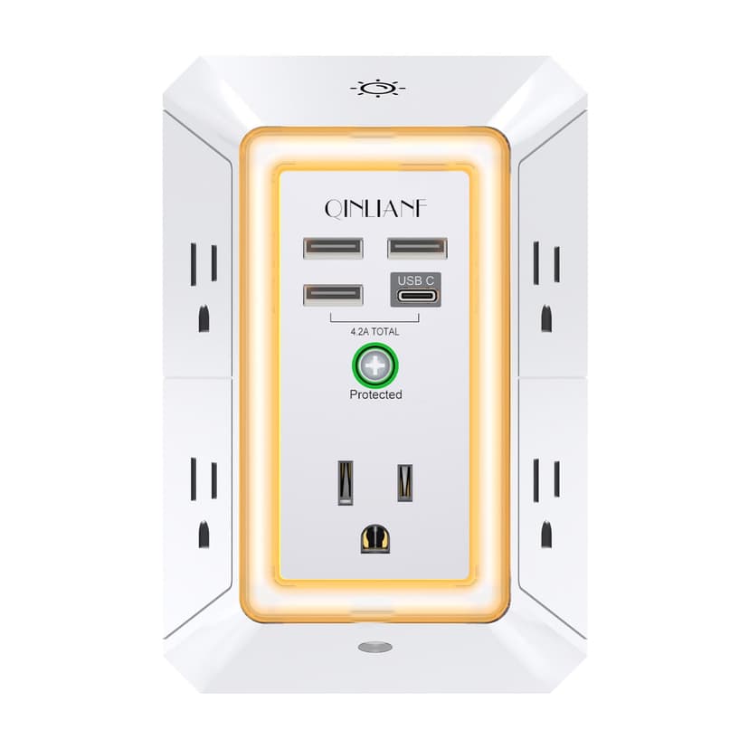 Wall Charger, Surge Protector, QINLIANF 5 Outlet Extender with 4 USB Ports | 1680 Joules, 3-Sided Power Strip with Night Light, Multi Plug Wall Outlet Adapter Spaced for Home Travel Office, White