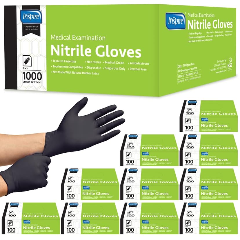 Inspire Black Nitrile Gloves | THE ORIGINAL Quality Black Gloves Disposable Latex Free | 4.5 Medical examination
