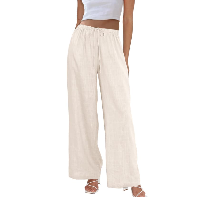 Duyang Womens Cotton Linen Palazzo Pants Drawstring Elastic Waist Casual Wide Leg Trousers with Pockets