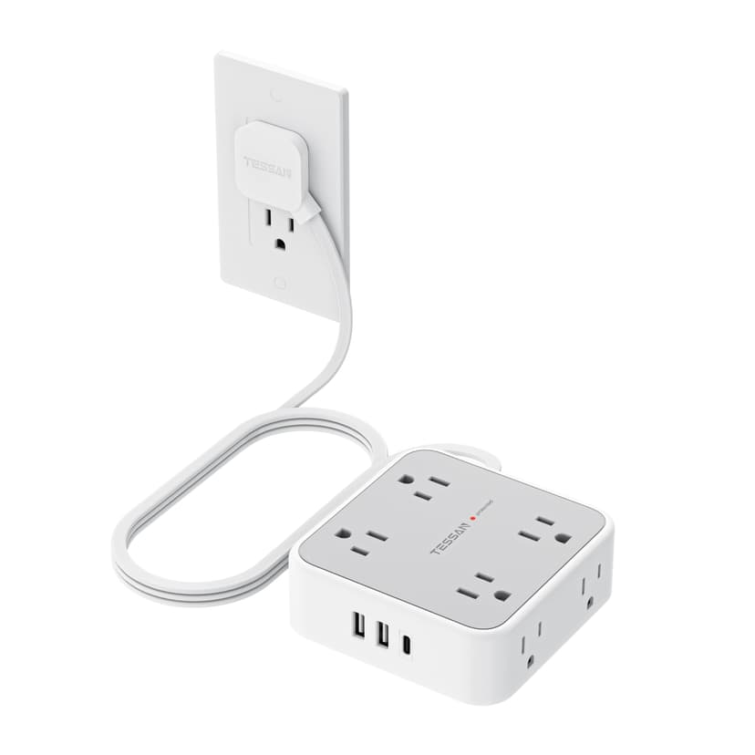 TESSAN Surge Protector Power Strip with 900J Surge Protection, 5 Ft, Grey | 8 AC with 3 USB Ports (1 USB C 20W PD), Flat Plug Extension Cord, 3 Sided Outlet Extender with Power Switch for Dorm Room
