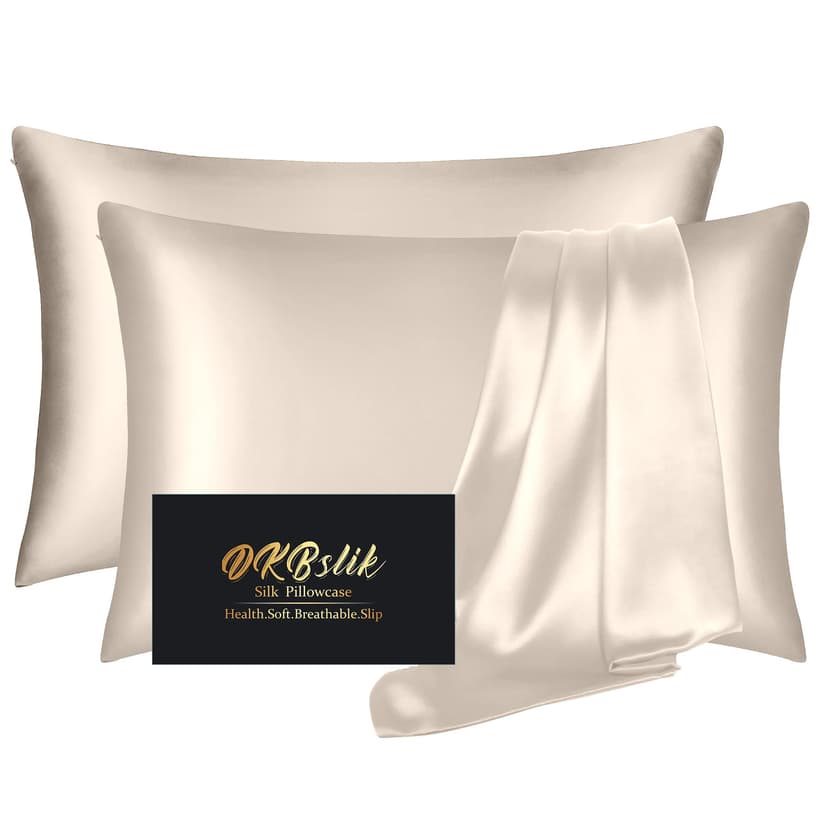 Silk Pillowcase 2 Pack, Natural Mulberry Silk Pillow Case, Anti Acne Silk Pillowcase for Hair and Skin, King Size Silk Satin Pillowcase Set of 2 with Hidden Zipper, Gifts for Women Men, Beige
