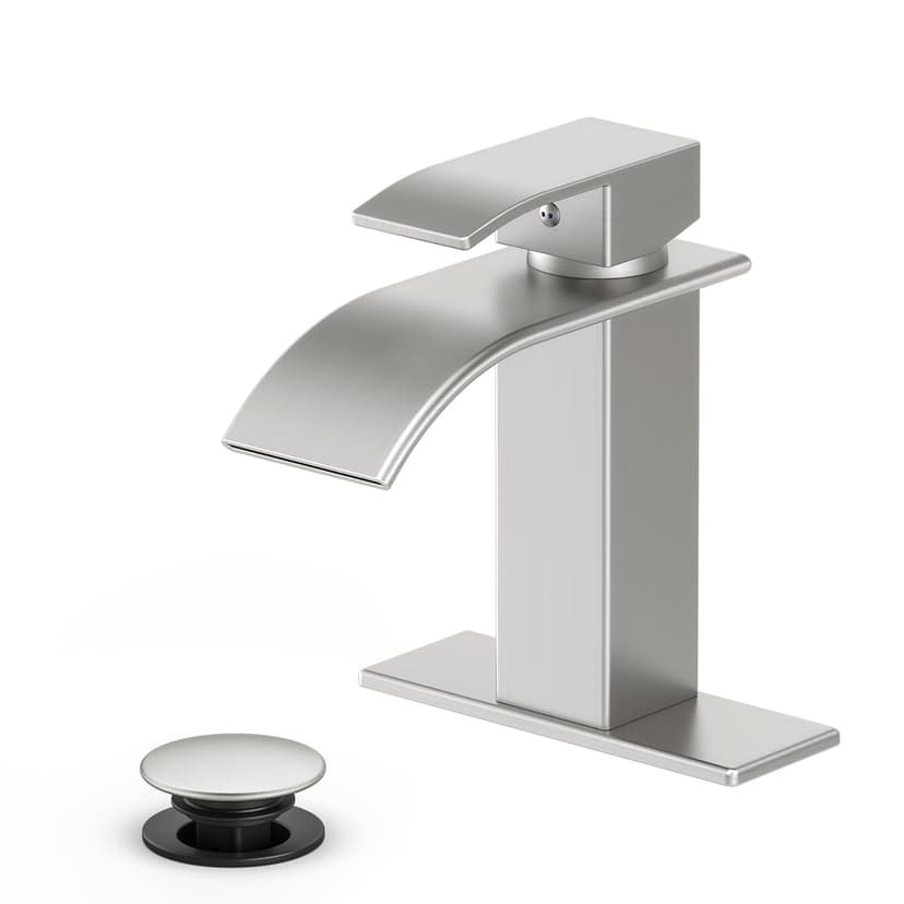 Ryuwanku Waterfall Bathroom Faucet,Brushed Nickel Stainless Steel, 1-Handle | Modern Bathroom Sink Faucet for RV & Outdoor Basins, Pop-Up Drain, Supply Lines, 6-in Deck Plate, 1- or 3-Hole, NSF Certif