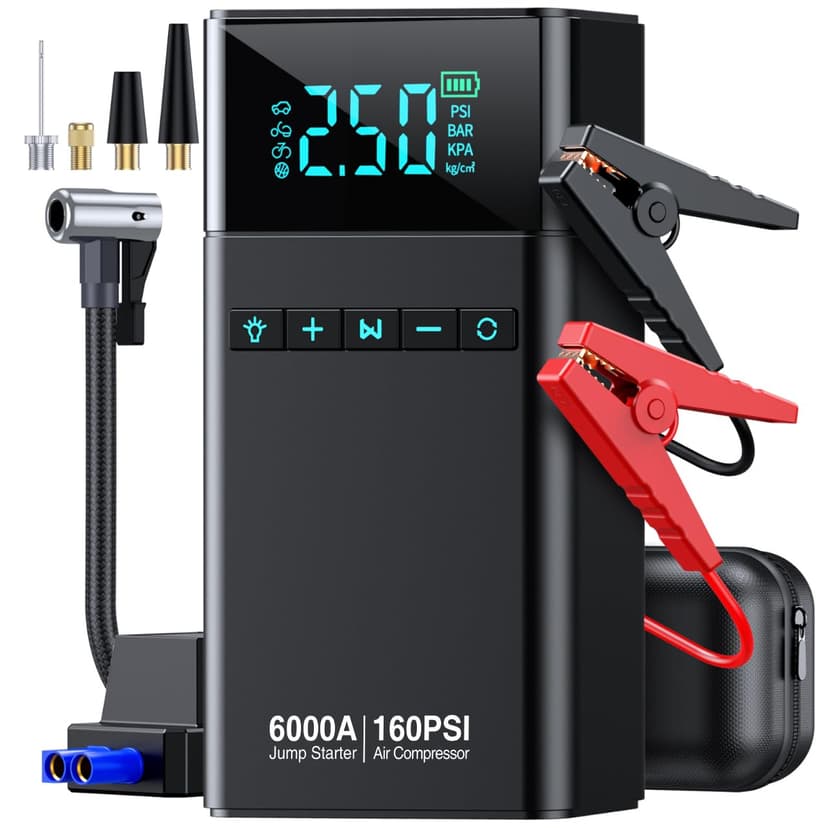 Grtcopan 6000A Portable Car Battery Jump Starter with Air Compressor 160PSI | 99Wh Car Battery Jumper Starter Portable (All Gas 12L Diesel) 12V Jump Box with Jumper Cables, Tire Inflator&Light&Power B