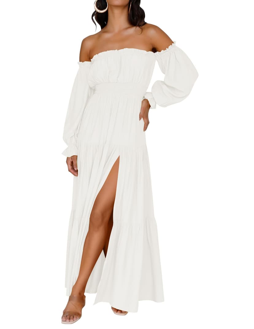 ZESICA Womens Fall Long Sleeve Boho Off Shoulder Maxi Dresses | Sexy Side Split, Flowy A Line, Puff/Lantern Sleeve, High Waist, 2026 Trendy Long Dress, Wedding Guest Dress, Maternity Dress